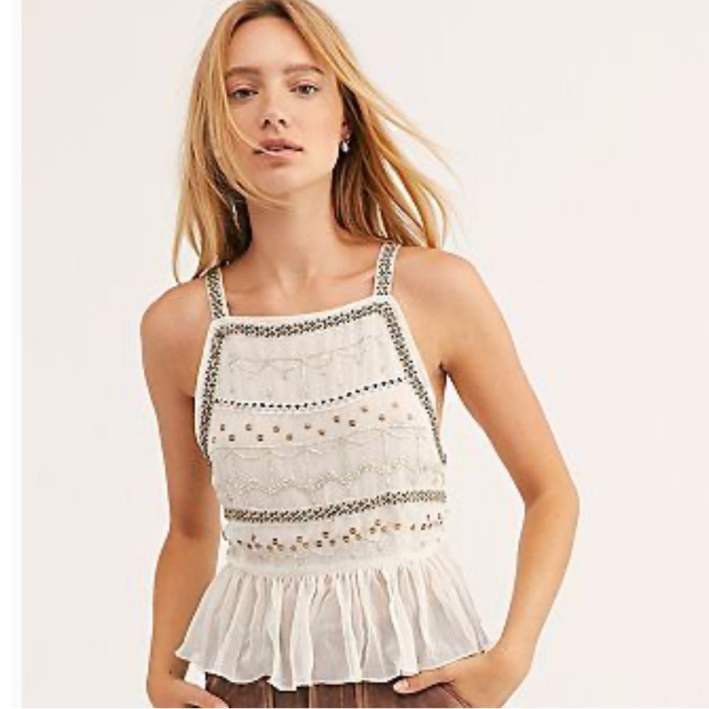 NWT Free People Camille sheer cream beaded crop tank